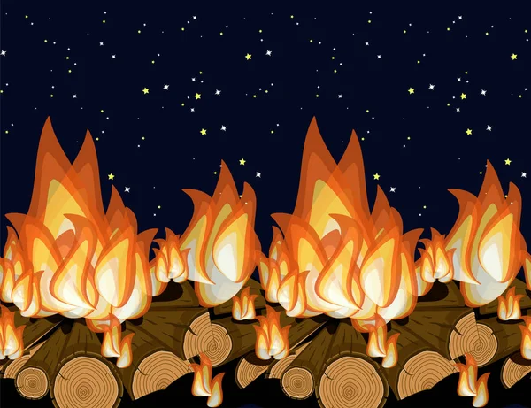 Wood Burning Campfire Dark Starry Sky Background Cartoon Vector Illustration — 스톡 벡터