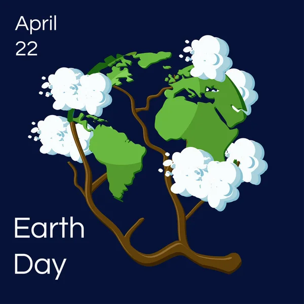Tarjeta de felicitación del Día de la Tierra. Globo de dibujos animados de la Tierra se muestra como un árbol con hojas como continentes y nubes alrededor . — Vector de stock