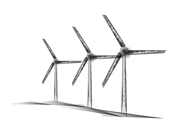 Tres molinos de viento hechos de triángulos, líneas, puntos. Campo de turbinas eólicas. Fuentes alternativas renovables de energía eléctrica . — Vector de stock