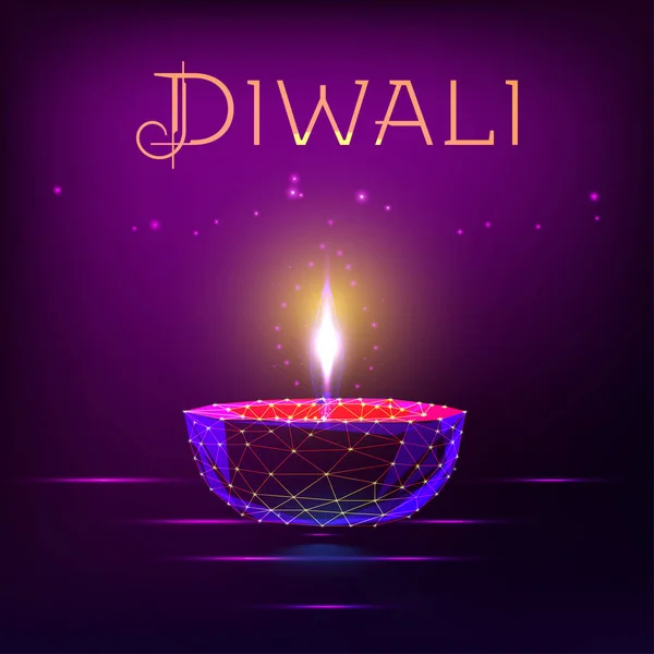 Happy Diwali greeting card template with glowing festival oil lamp with lights and text on dark purple background. — Stock Vector