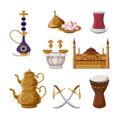 Turkish traditional heritage icon set, part 2. Hookah, brass teapot, turkish delights, tea glass, hammam, Hagia Sophia, scimitar, drum. Arabic eastern culture. Cartoon style vector illustration.