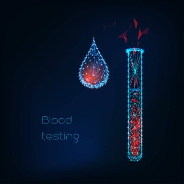 Kan düşük poligon parlayan kan damlası ve koyu mavi zemin üzerine test tüpü ile konsept testleri.