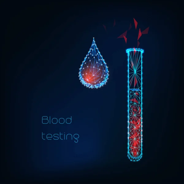 혈액 검사 낮은 다각형 빛나는 혈액 드롭 및 진한 파란색 배경에 테스트 튜브 개념. — 스톡 벡터