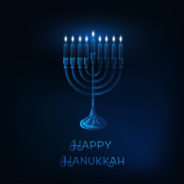 Mutlu Hanuka tebrik kartı dokuz yanan mumlar ve metin ile parlayan düşük poli menorah ile.