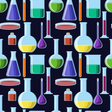 Koyu mavi zemin üzerine parlak ve renkli Kimya Cam ürünleri seamless modeli.