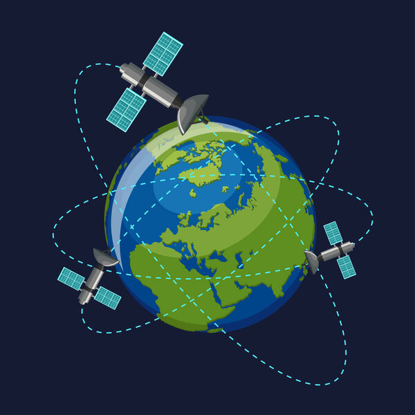 Artificial satellites orbiting the planet Earth in outer space isolated on dark blue background.
