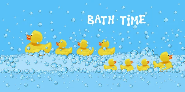 石鹸の泡風呂の水で泳ぐかわいいゴム製アヒルおもちゃのセットします。. — ストックベクタ