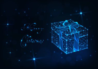 Parlayan düşük poligon hediye kutusu şerit yay, parlak yıldızlar ve koyu mavi zemin üzerine metin ile neşeli Noel tebrik kartı şablonu. Fütüristik tel kafes tasarlamak vektör.