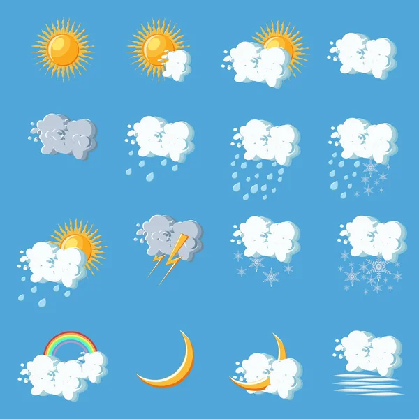 Icônes Météo Dans Style Dessin Animé Sur Fond Bleu Illustration — Image vectorielle