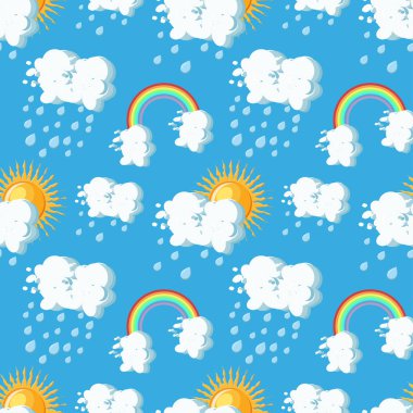 Yaz hava seamless modeli güneş, bulutlar, yağmur ve mavi gökyüzü arka planlar üzerinde gökkuşağı ile.