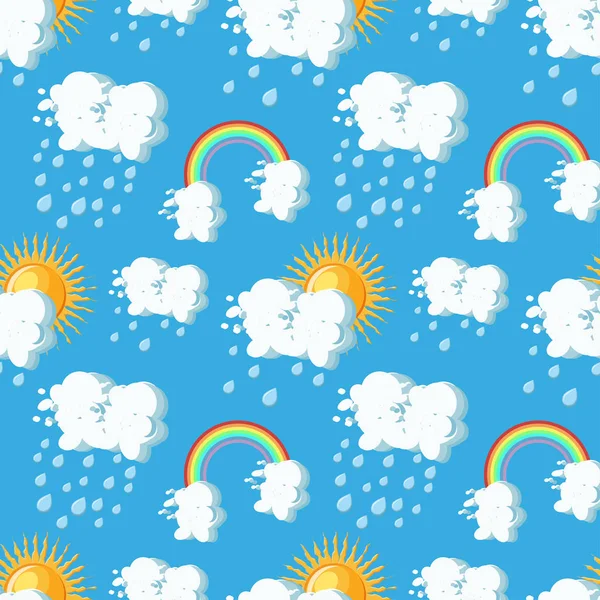 Yaz hava seamless modeli güneş, bulutlar, yağmur ve mavi gökyüzü arka planlar üzerinde gökkuşağı ile.