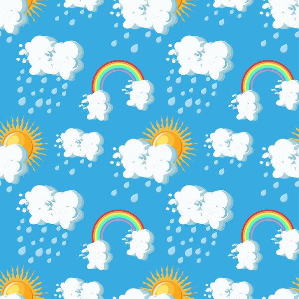Летняя погода бесшовная картина с солнцем, облаками, дождём и радугой на фоне голубого неба
.