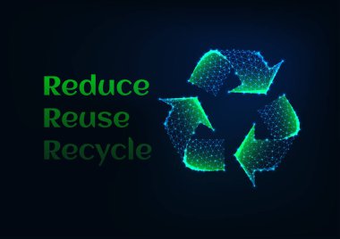 Reduce reuse recycle ecological banner template with green glowing low poly recycle symbol and text on dark blue backgtound. Ecology concept. Futuristic wireframe design vector illustration clipart