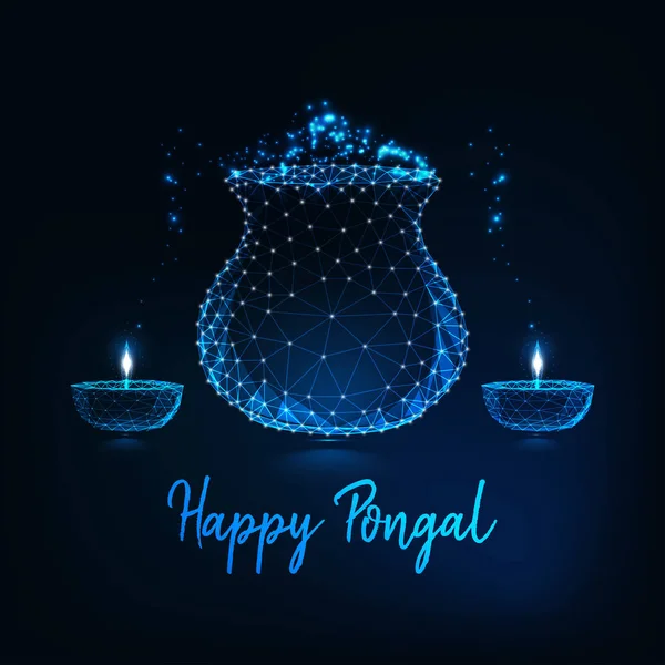 Happy Pongal Greeting Card Template Glowing Low Poly Pot Traditional — Stock Vector