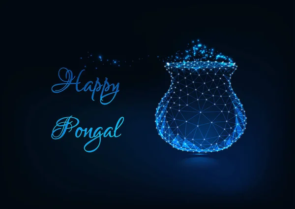 Happy Pongal Greeting Card Template Glowing Low Poly Pot Traditional — Stock Vector