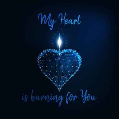 Sevgililer günü tebrik kartı şablon parlayan düşük poli kalp şeklinde mum amd metin yazma My Heart koyu mavi arka plan üzerinde senin için yanıyor. Modern tel kafes tasarlamak vektör.