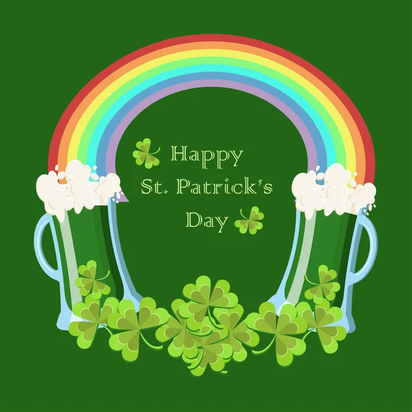 Tarjeta de felicitación del día de San Patricio con hojas de trébol, vasos de cerveza verde, arco iris y texto Lucky Day — Vector de stock