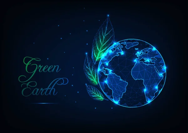 Ökologisches Konzept der grünen Erde mit glühendem Low-Poly-Planeten Erde Globus, Blättern, Sternen und Text — Stockvektor