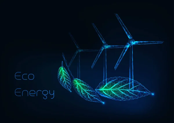 Concept d'énergie écologique alternatif avec feuilles de poly incandescentes et éoliennes . — Image vectorielle