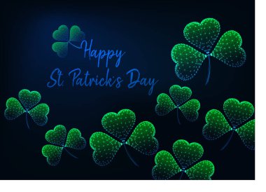 St Patricks Günü tebrik kartı şablon parlayan düşük poligon Yeşil yonca ile yaprakları.