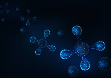 Bilimsel arka plan koyu mavi zemin üzerine parlayan Dörtyüzlü molekül yapıları ile.