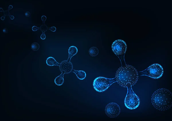 Fond abstrait scientifique avec des structures moléculaires tétraédriques rayonnantes sur fond bleu foncé . — Image vectorielle