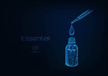 Uçucu yağ parlayan düşük poligon düşüş bir pipet bir kozmetik şişe içine düşüyor..