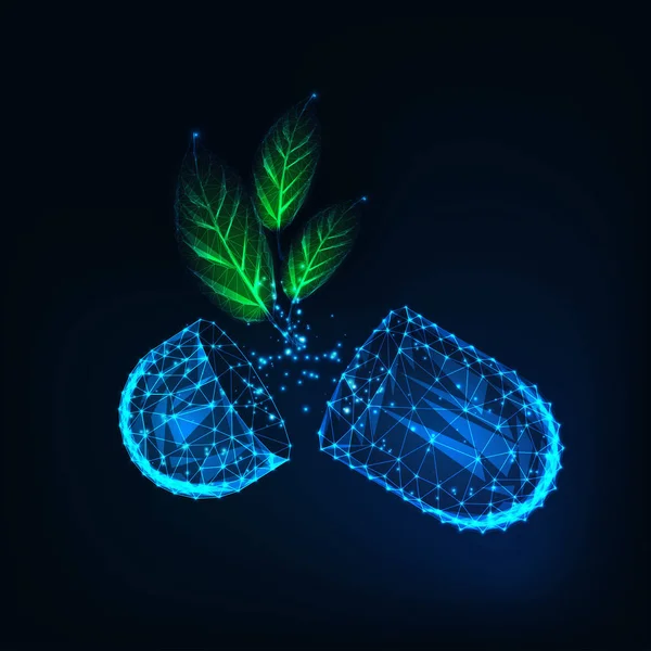 Glow low poli medicina pílulas cápsula com folhas de ervas orgânicas verdes no fundo azul escuro . — Vetor de Stock