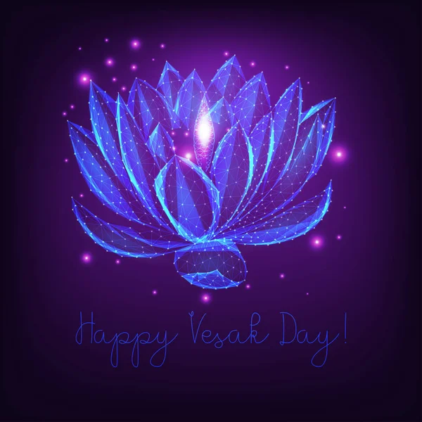 Happy Vesak day greeting card template with lotus flower oil lamps and stars on dark purple. — Stock Vector