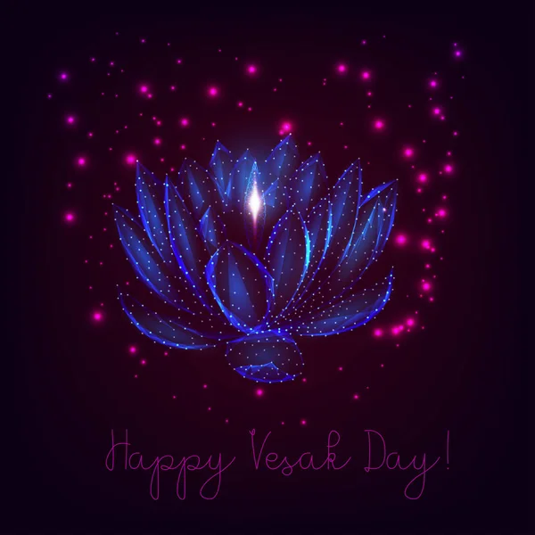Happy Vesak day card with glowing low poly lotus flower oil lamps and stars on purple background. — Stock Vector