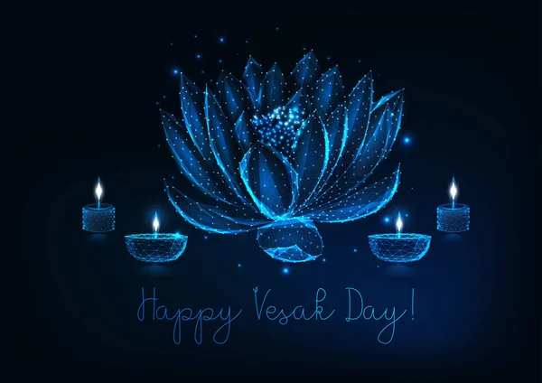 Happy Vesak day greeting card with lotus flower, diya oil lamps and candles on dark blue background. — Stock Vector