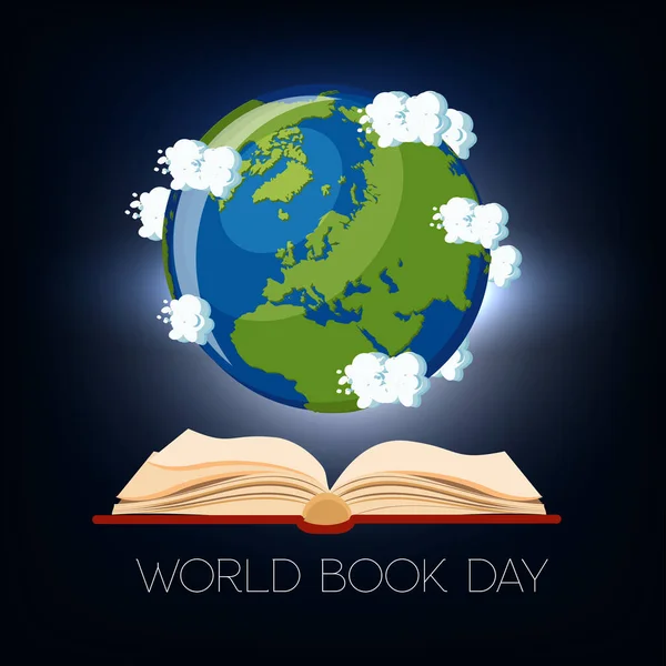 Tarjeta de felicitación del Día Mundial del Libro con libro abierto y globo terráqueo con nubes sobre fondo azul oscuro . — Vector de stock