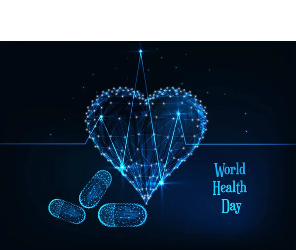 Знамя Всемирного дня здоровья со светящимся низким полигональным биением сердца, символ сердца, таблетки и текст  . — стоковый вектор