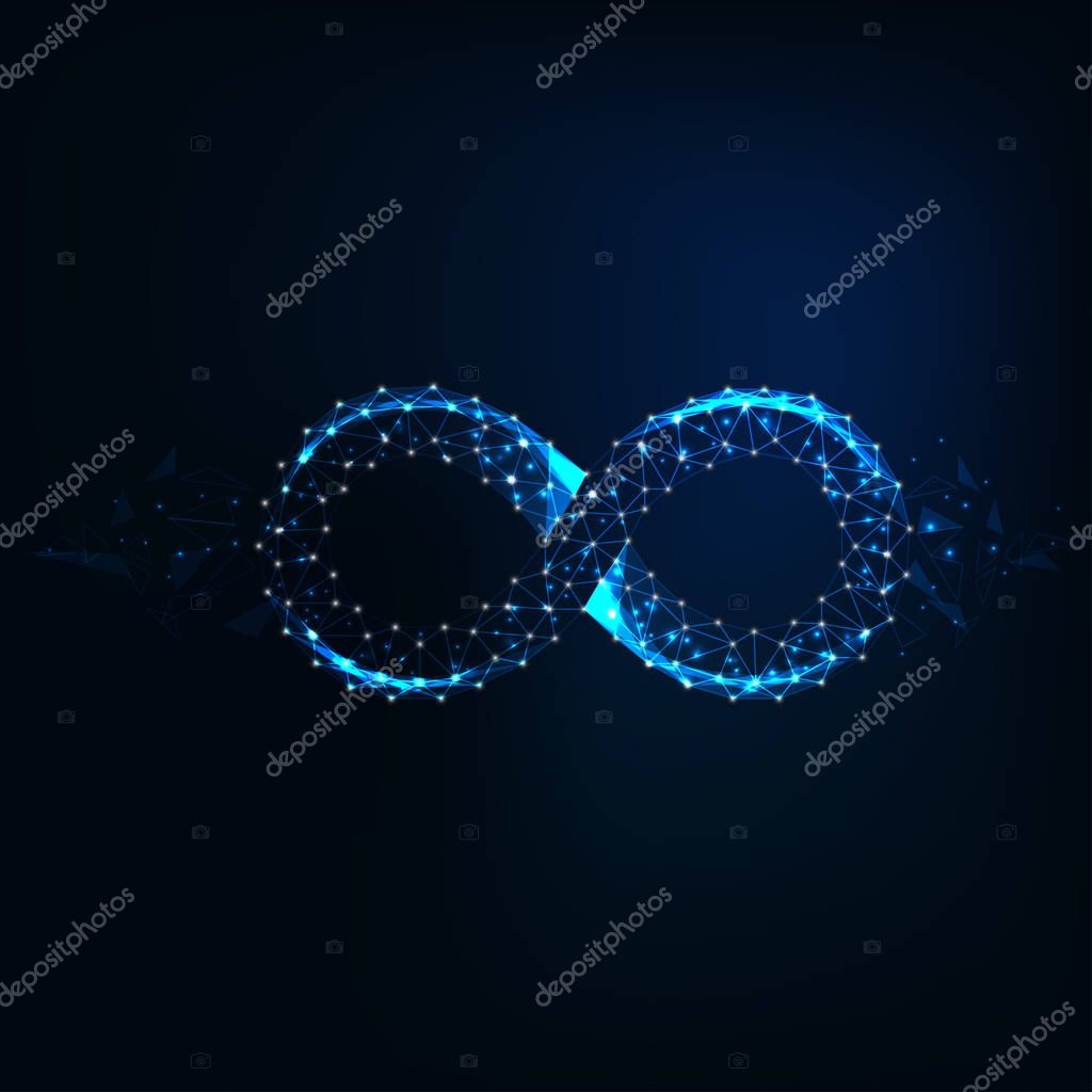 Futuristic glowing low polygonal infinity sign made of stars, lines, triangles on dark blue background. Eternity concept. Modern design vector illustration.