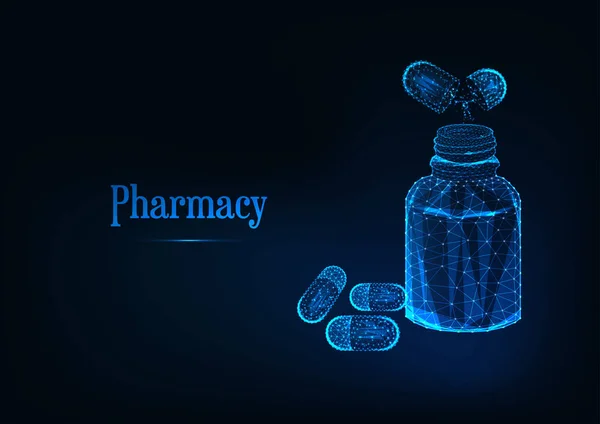 Conceito de farmácia futurista com garrafa de medicina poligonal de baixo brilho e pílulas em azul escuro . — Vetor de Stock