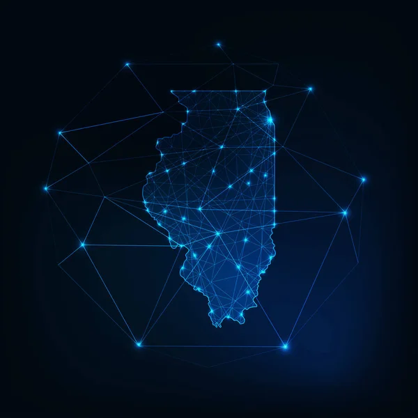 Illinois staat USA kaart gloeiende silhouet gemaakt van sterren lijnen stippen driehoeken, lage veelhoekige vormen. — Stockvector