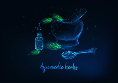 Harç, yaprak, uçucu yağ şişesi ve baharat ile kaşık ile Ayurveda otlar kavramı.
