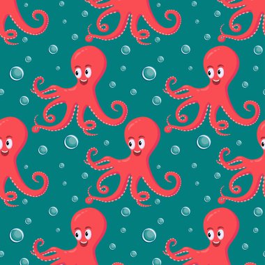 Sevimli gülümseyen kırmızı ahtapot tourquise dikişsiz desen su kabarcıkları ile sualtı yüzme.
