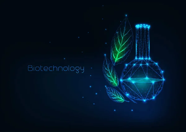 Futuristiskt bioteknik koncept med glödande låg månghörnig kemisk bägare och gröna blad. — Stock vektor