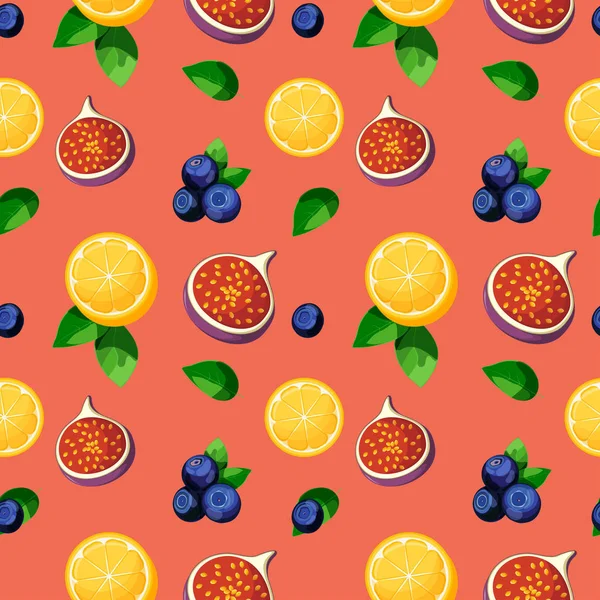 Bright colorful tropical fruits mixture seamless pattern with lemon, figs, blueberries and leaves — Stock Vector