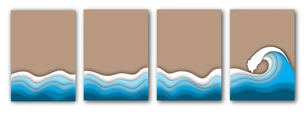 Papiergeschnittener Sommerstrand mit See- oder Ozeanwellen und Sandfliegern — Stockvektor