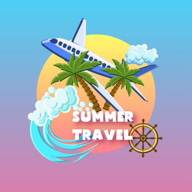 Palmiye ağaçları, uçak, okyanus dalgaları, gemi tekerleği, gün batımı gökyüzünde bulut ile yaz seyahat afiş.