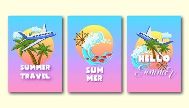 Yaz tatili el ilanları palmiye ağaçları, uçak, okyanus dalgaları, gemi tekerleği, gün batımı gökyüzünde ile ayarlayın.