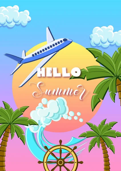 Hallo Sommer Poster mit Palmen, Flugzeug, Meereswellen, Schiffsrad, am Himmel des Sonnenuntergangs. — Stockvektor