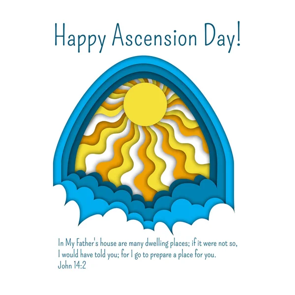 Tarjeta de felicitación del Día de la Ascensión de Jesús con cita bíblica, nubes y rayos de sol . — Vector de stock