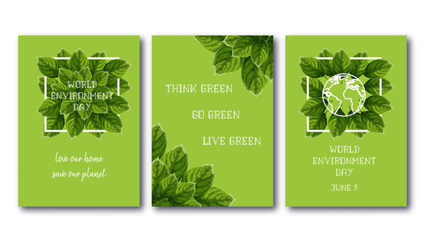 World Environment Day posters set with green leaves, white frame, planet globe and slogan text.