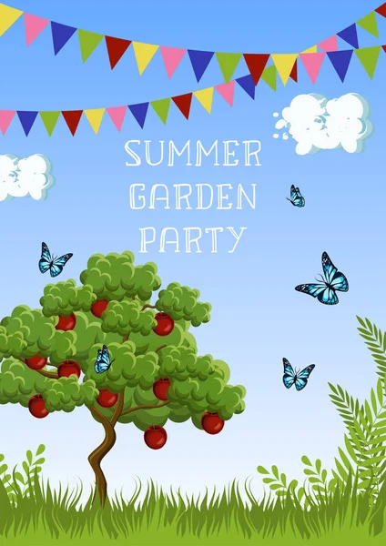 Verão Garden Party cartaz com macieira, grama, borboletas, nuvens, céu, bandeiras e texto . — Vetor de Stock