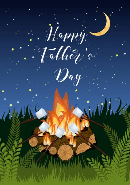 Happy fars dag gratulationskort med lägereld, rostning marshmallows, grönt gräs på stjärnhimmel. — Stock vektor
