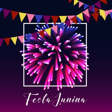Parlak havai fişek, bayraklar, çerçeve ve koyu mor arka plan üzerinde metin ile Festa junina poster.