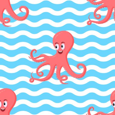 Dalga okyanus mavi arka plan üzerinde sevimli gülümseyen mercan ahtapot ile Dikişsiz desen.